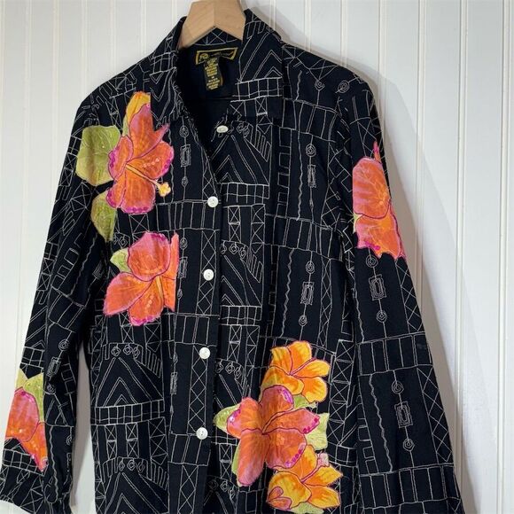 Mirasol M Floral Embroidered Jacket Black Cotton Linen Boho Artsy Button Shirt - Picture 3 of 9